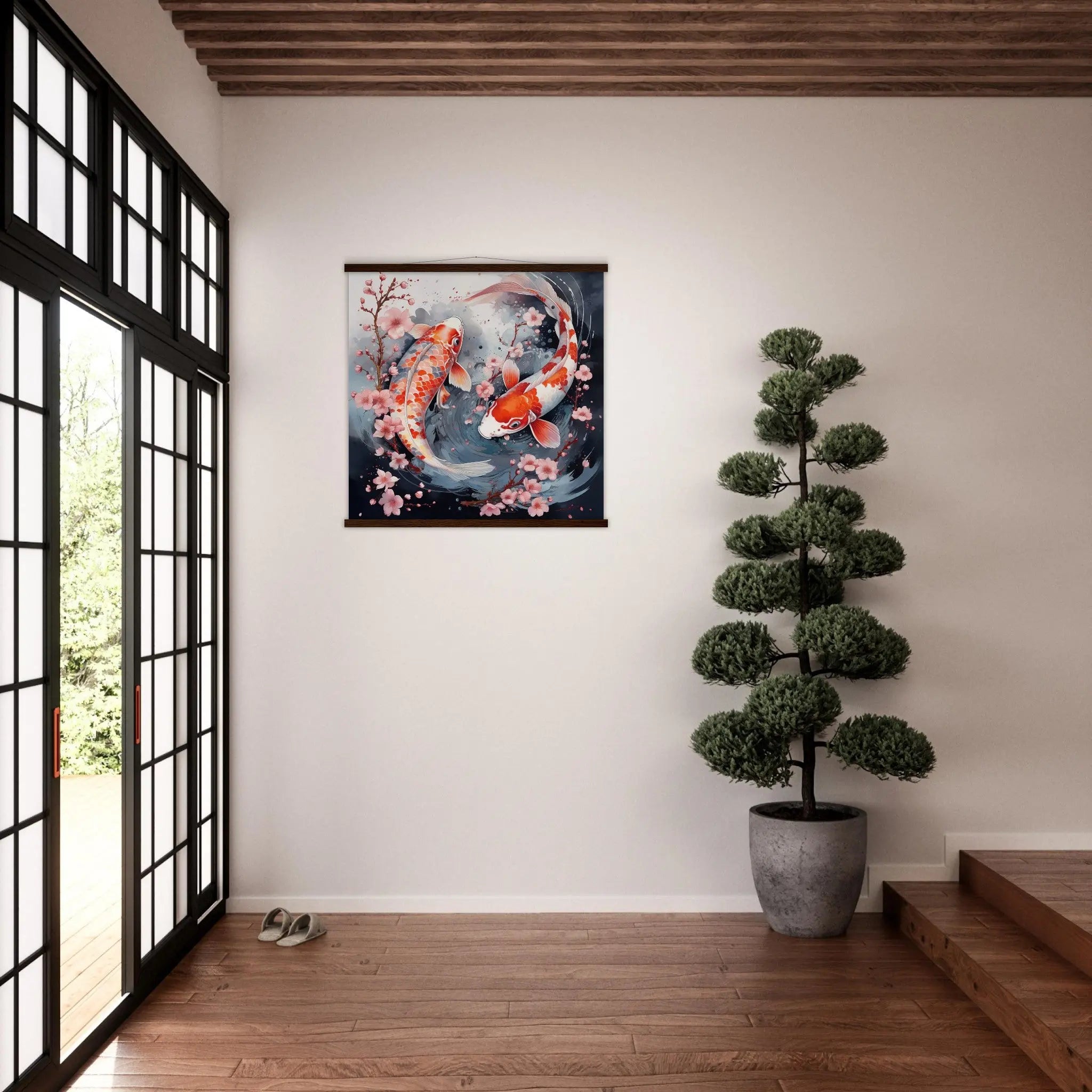 Tableau japonais d'un couple de poissons japonais appelé carpe koi au Japon