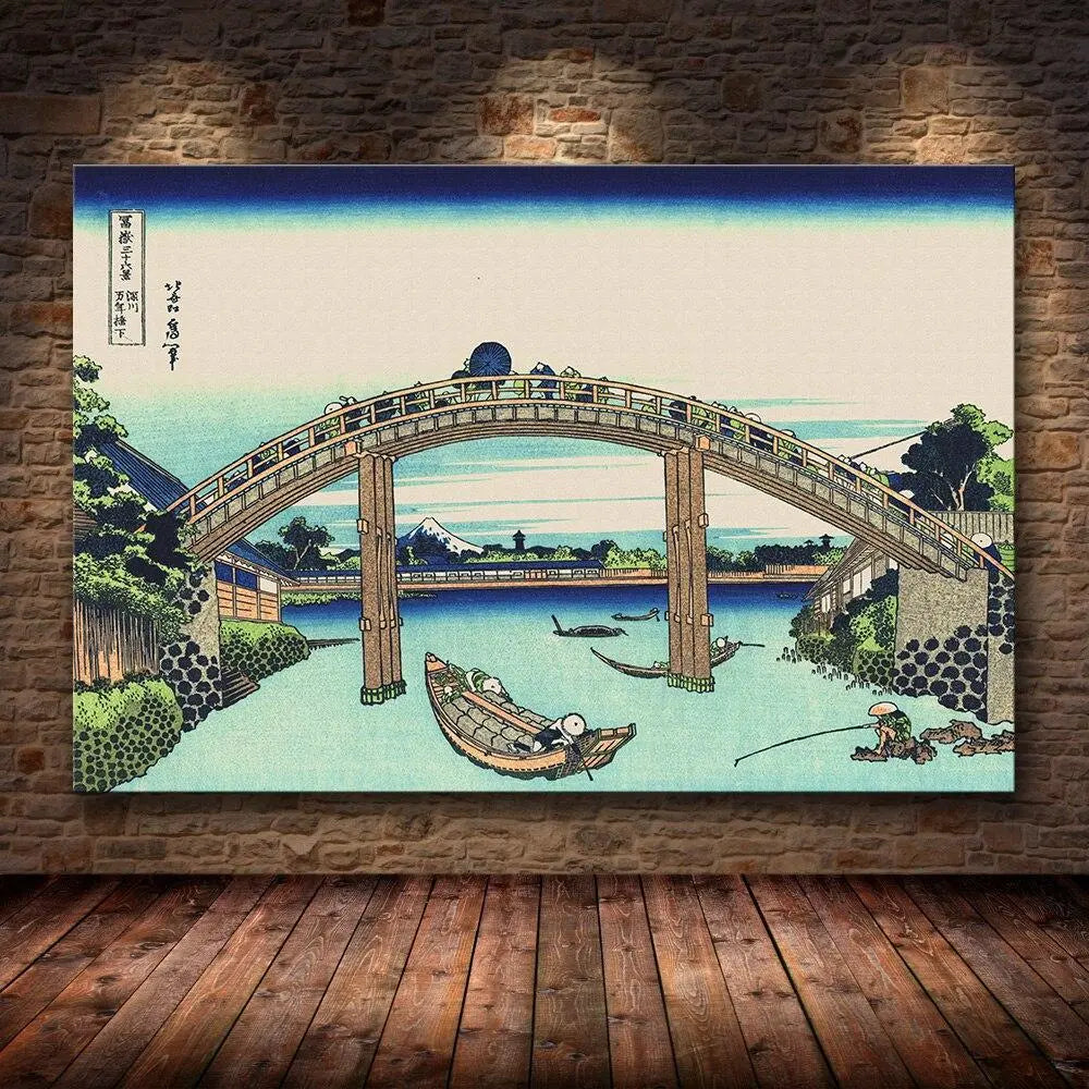 Estampe japonaise traditionnelle d'un pont en bois traversant le fleuve Fuji