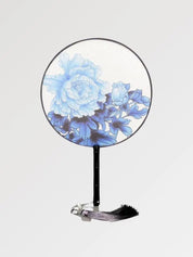 Élégant éventail japonais rond au motif fleuri et bleuté