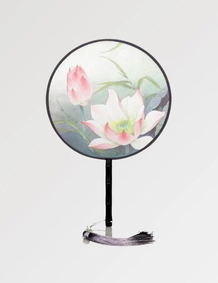 Bel éventail japonais rond imprimé d'une fabuleuse fleur de lotus