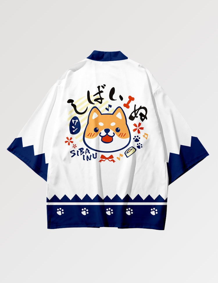 Haori Kimono aux couleurs douces représentant le Shiba Inu, chien emblématique du Japon
