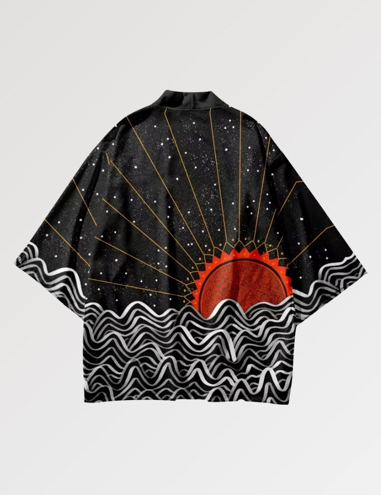 Haori au motif traditionnel représentant le soleil couchant du Japon dans un design semi abstrait