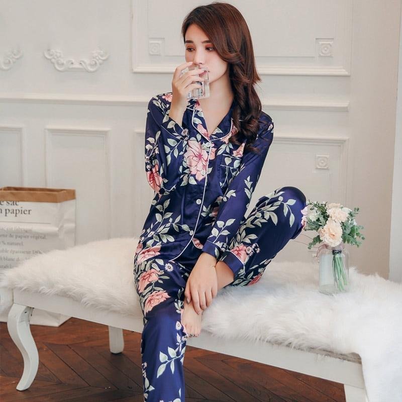 pyjama japonais en soie femme bleu