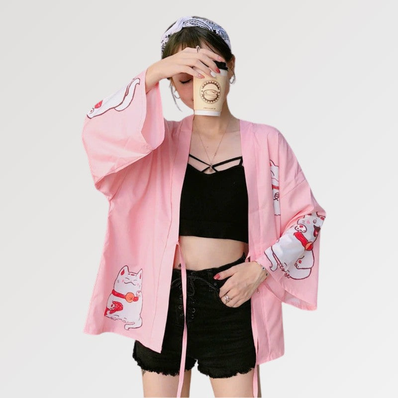Veste Kimono Femme Rose 'Maneki Neko'