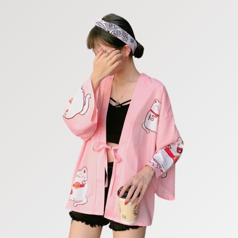 Veste Kimono Femme Rose 'Maneki Neko'