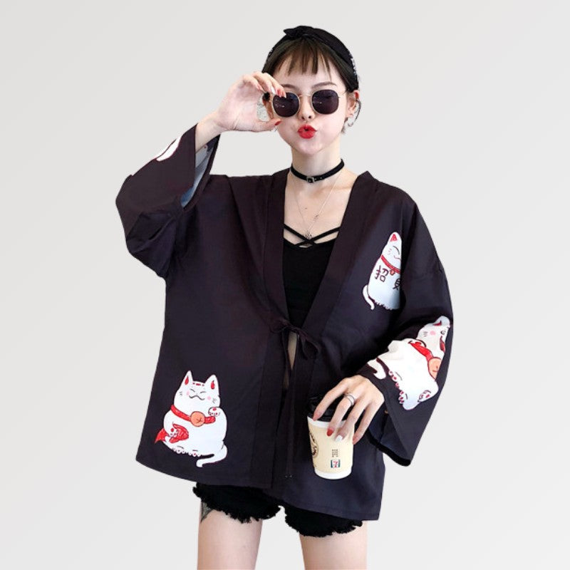 Veste Kimono Femme Rose 'Maneki Neko'