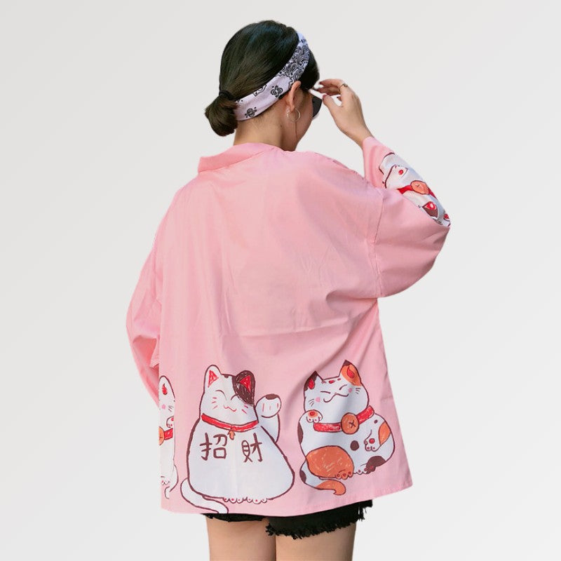 Veste Kimono Femme Rose 'Maneki Neko'