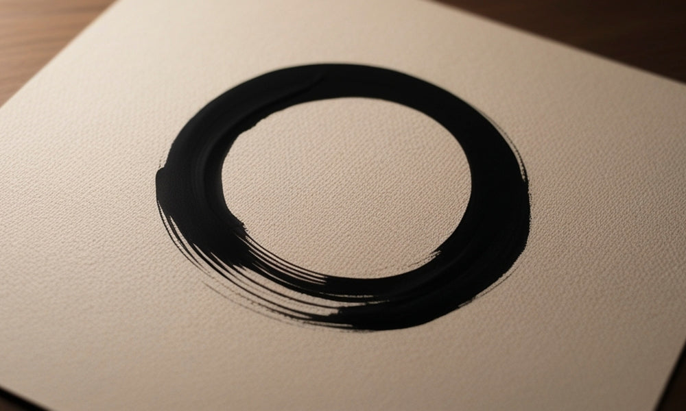Art zen japonais : cercle ensō tracé à l'encre, calligraphie sumi-e et statue de Bouddha méditant — l'expression visuelle du bouddhisme zen