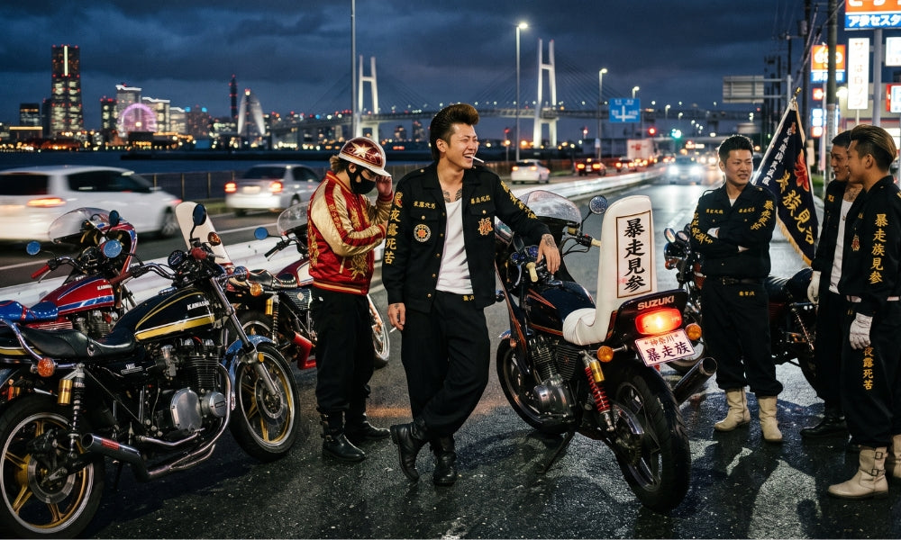 Bōsōzoku japonais : motards en tokkō-fuku brodés sur leurs motos personnalisées, la sous-culture délinquante la plus bruyante du Japon des années 1980