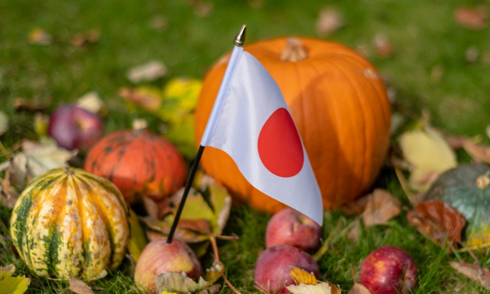 Citrouille sculptée d'Halloween posée près d'un drapeau japonais parmi des courges d'automne