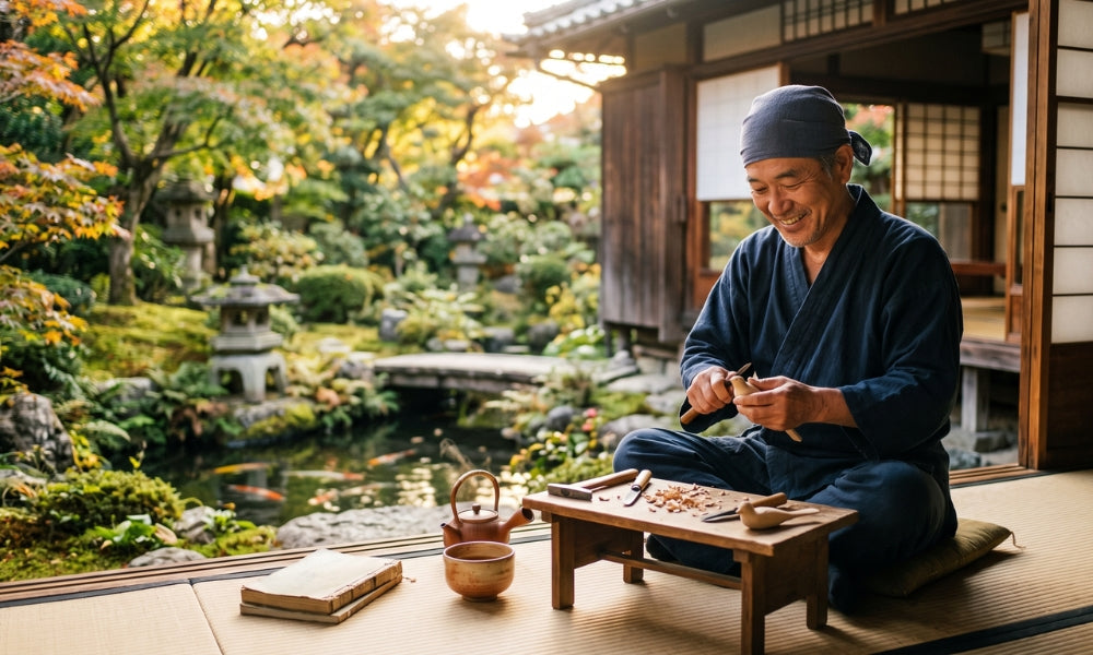 Un artisan japonais âgé travaillant paisiblement dans son jardin, illustrant l'ikigai, la raison de se lever le matin