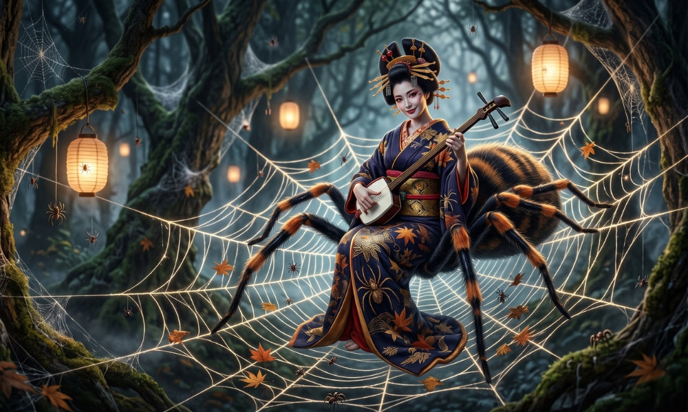 La Jorōgumo, femme-araignée du folklore japonais : un yōkai séduisant et mortel, mi-femme mi-araignée géante, tissant sa toile dans la pénombre