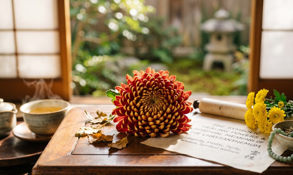 Un chrysanthème japonais (kiku) rouge et or posé sur une table en bois avec du thé vert et une lanterne de jardin, évoquant la fleur impériale du Japon