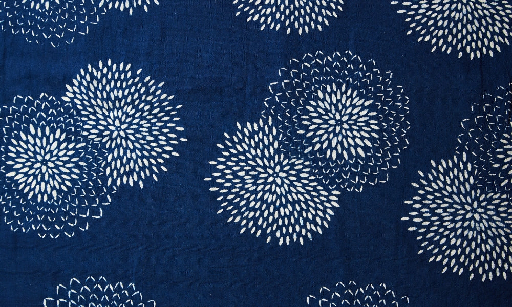 Étoffe japonaise teinte à l'indigo couverte de motifs floraux wagara blancs en forme de chrysanthème, exemple de motifs traditionnels japonais