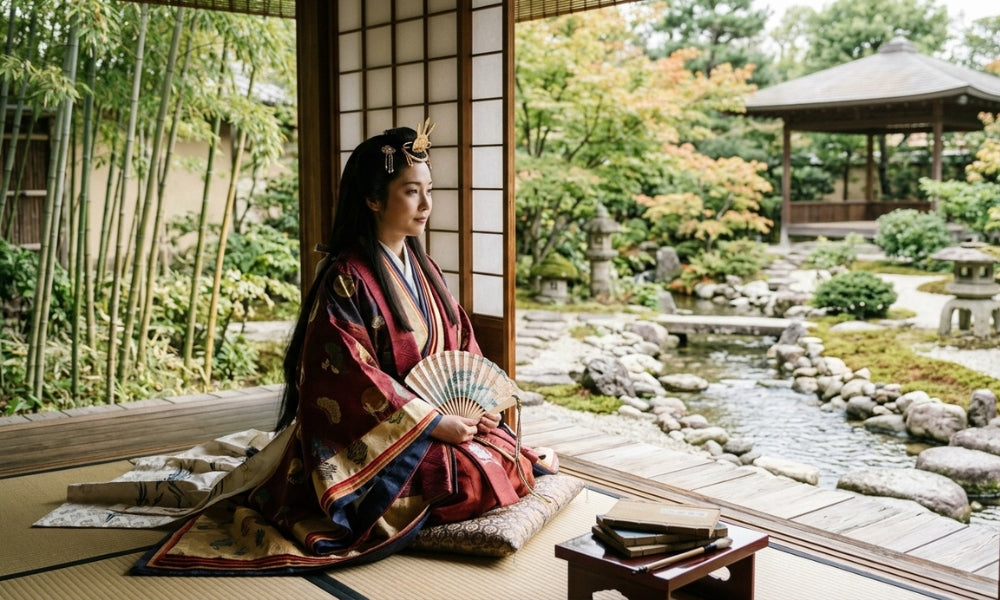 La princesse Kaguya : femme en kimono traditionnel assise avec un éventail devant un jardin japonais, évoquant le conte du coupeur de bambou