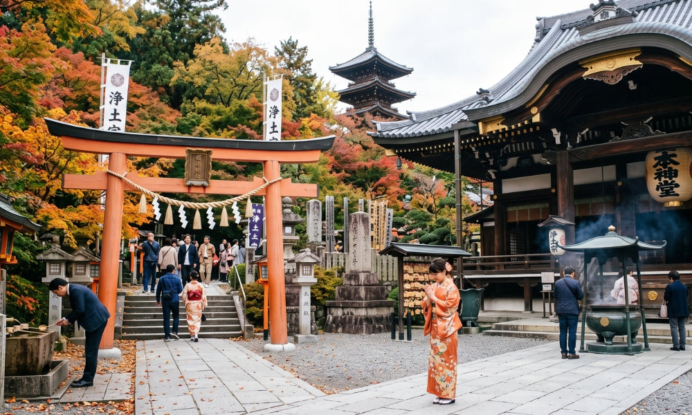 Un sanctuaire shinto et un temple bouddhique au Japon, illustrant le mélange vivant de religions — shinto, bouddhisme — au cœur de la spiritualité japonaise