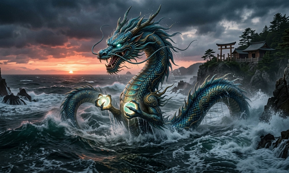 Ryūjin, le dieu dragon japonais de la mer, surgissant des vagues devant un torii au coucher du soleil, tenant les joyaux des marées