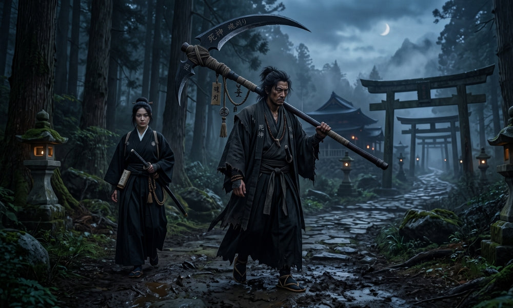 Un shinigami, dieu ou esprit de la mort japonais : figure sombre encapuchonnée évoquant la Faucheuse réinterprétée à travers le folklore et l'anime japonais