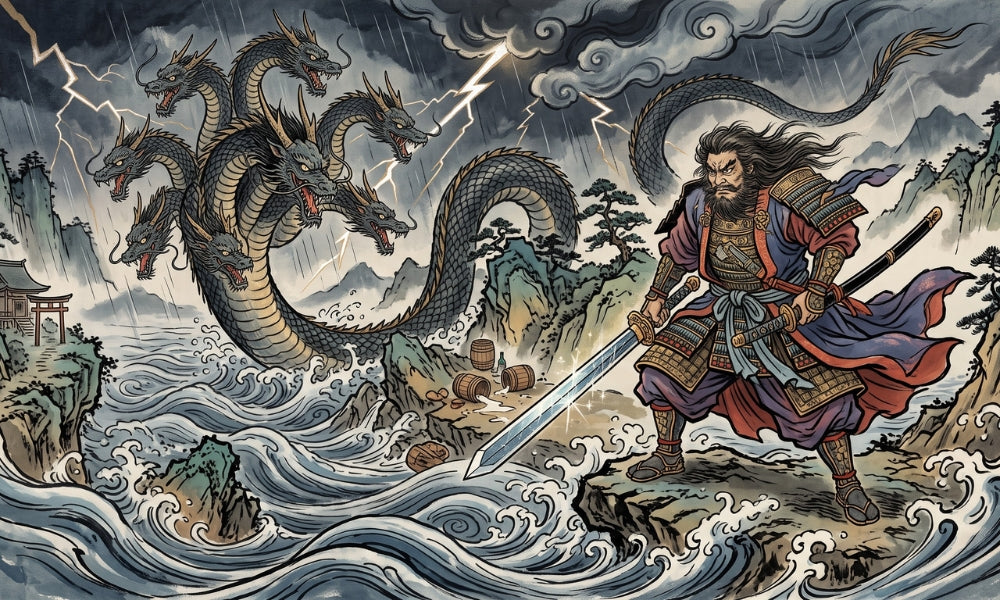 Susanoo, dieu shinto de la tempête, terrassant le serpent à huit têtes Yamata-no-Orochi dans le mythe japonais d'Izumo