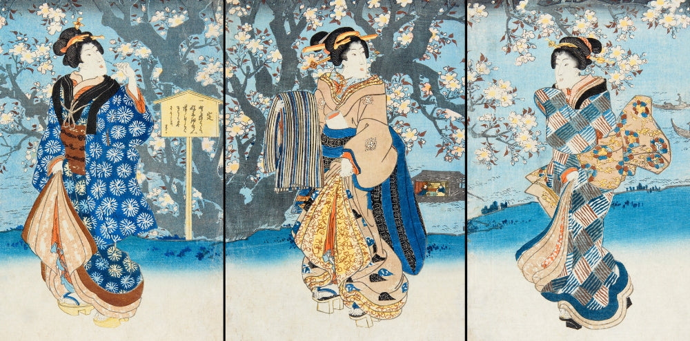 Estampe ukiyo-e japonaise du monde flottant : gravure sur bois aux aplats de couleur et contours audacieux, art d'Edo des maîtres Hokusai et Hiroshige