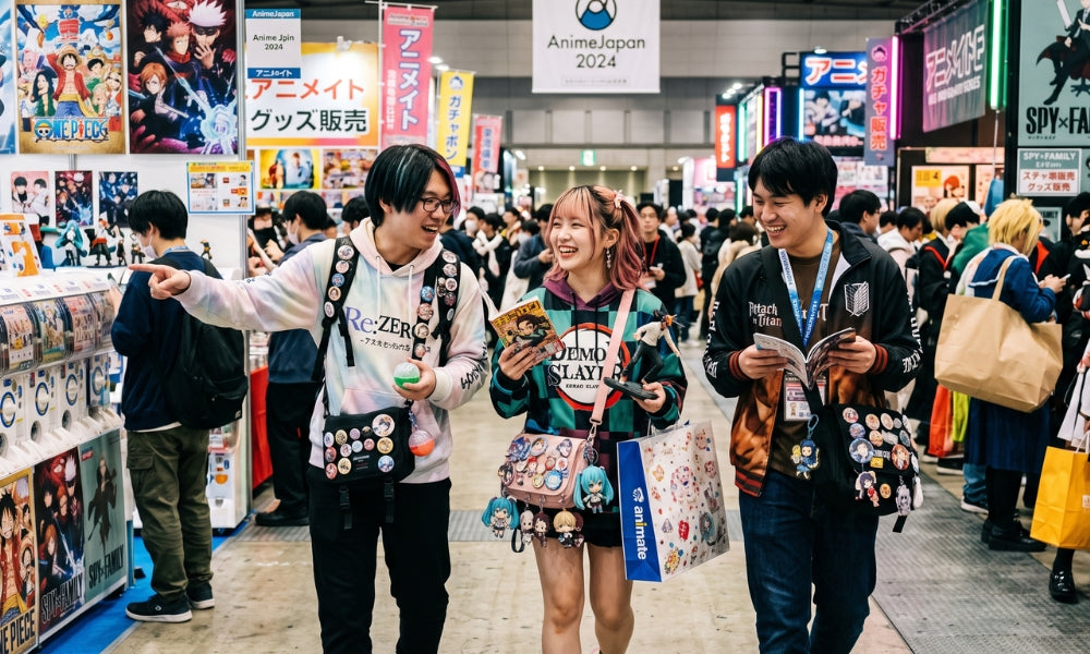 Un fan d'anime et de manga entouré de figurines et de produits dérivés japonais, illustrant la culture weeb