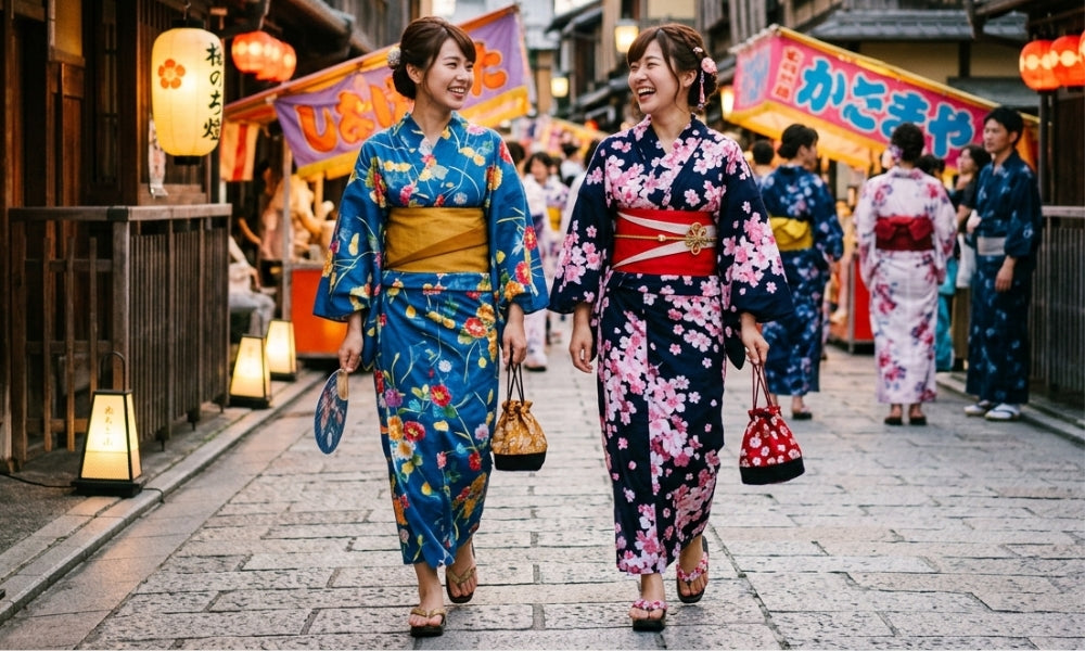 Deux femmes en yukata fleuri, ceinture obi, bourse kinchaku et geta, marchant dans une rue de festival éclairée aux lanternes au Japon