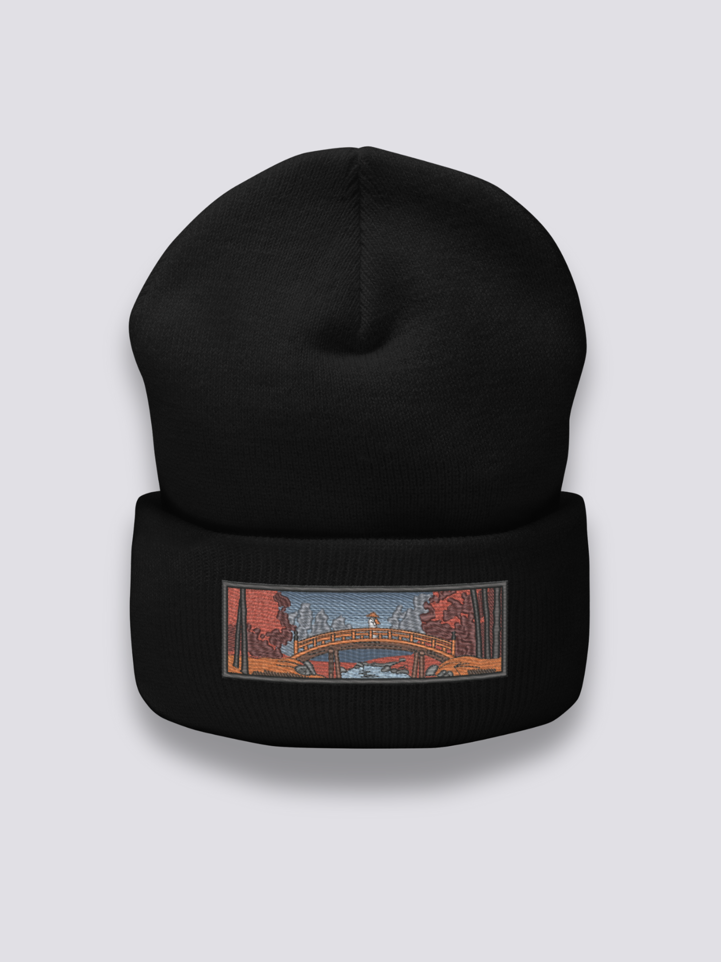 Bonnet japonais à un paysage ukiyo-e brodé, coloris noir - Japanstreet