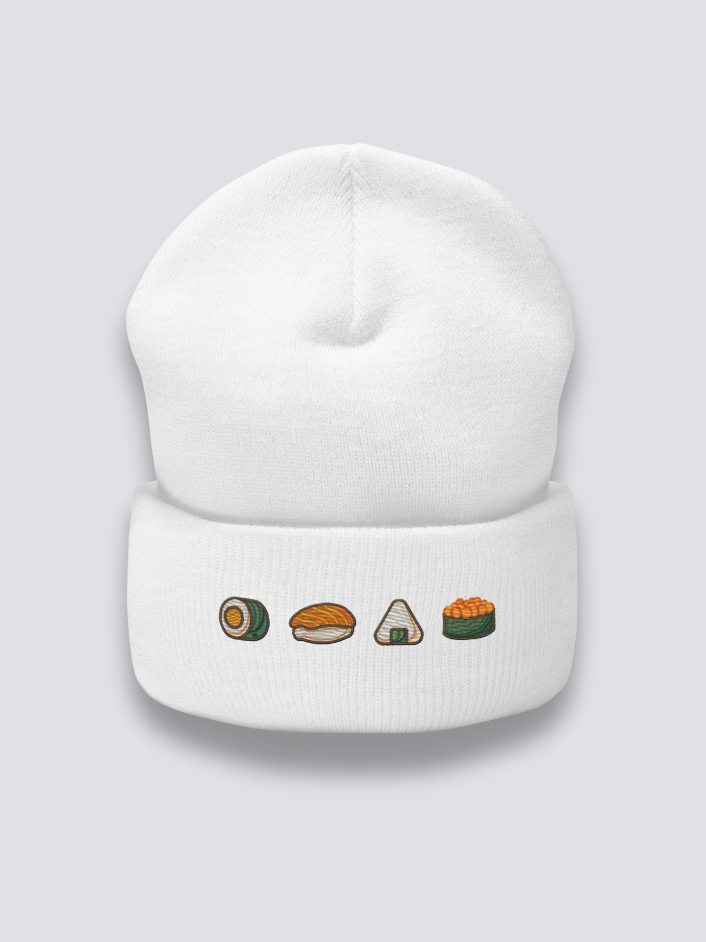 Bonnet japonais à des sushis maki, nigiri et onigiri brodés, coloris blanc - Japanstreet