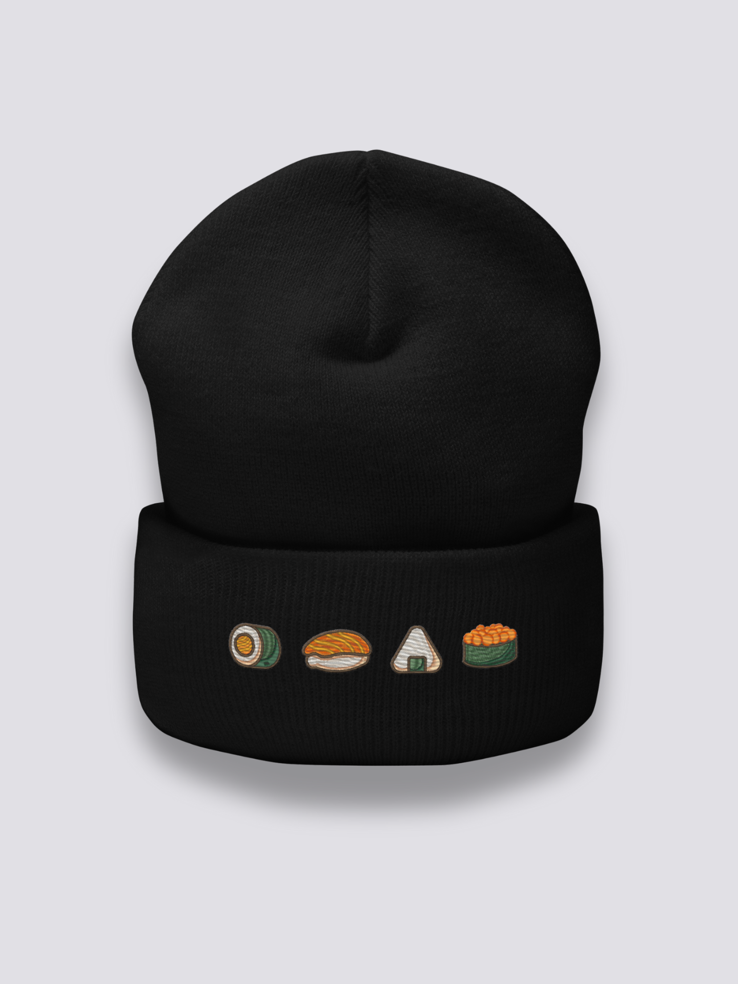 Bonnet japonais à des sushis maki, nigiri et onigiri brodés, coloris noir - Japanstreet