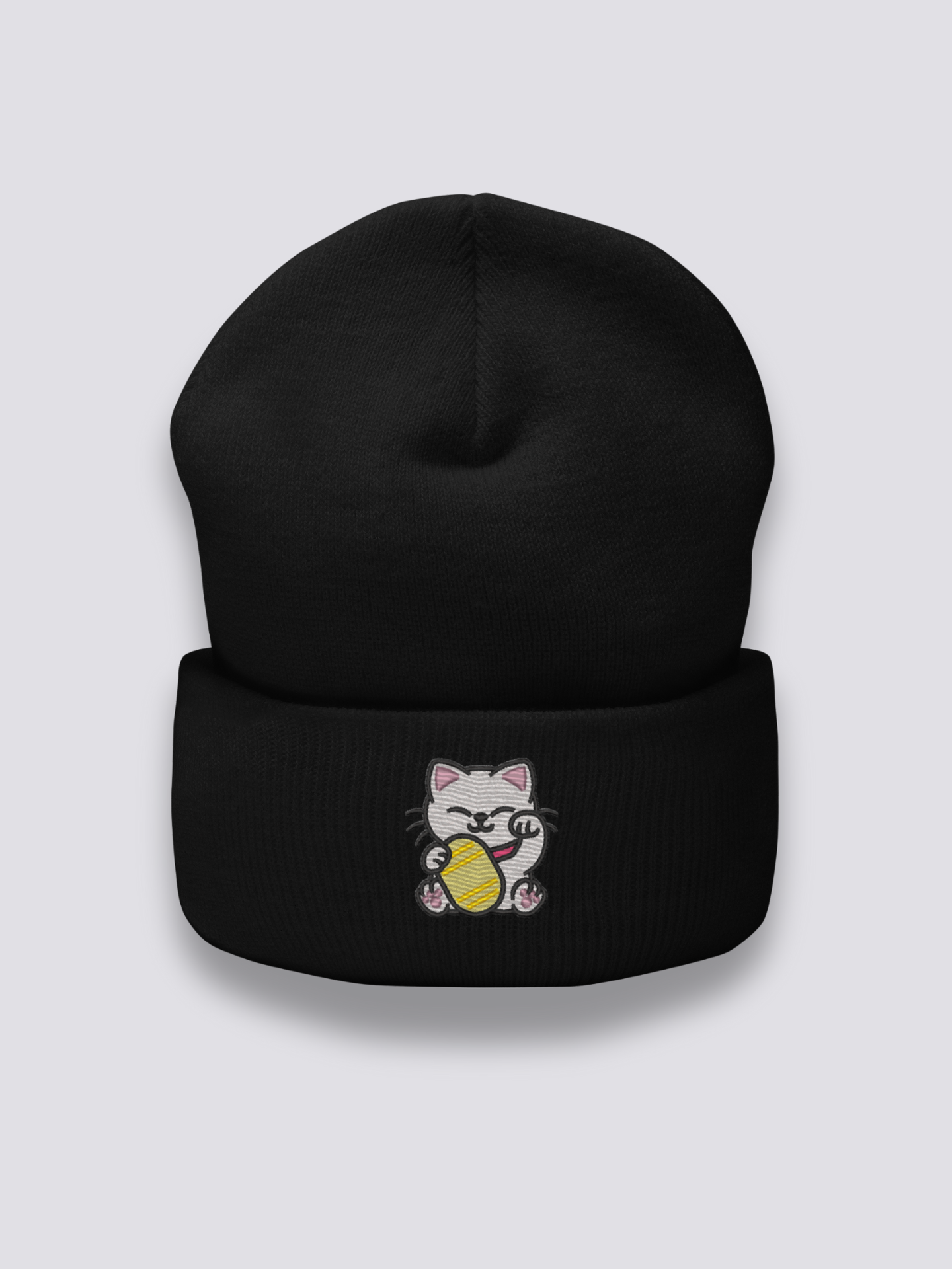 Bonnet japonais à un chat porte-bonheur maneki-neko brodé, porté - Japanstreet