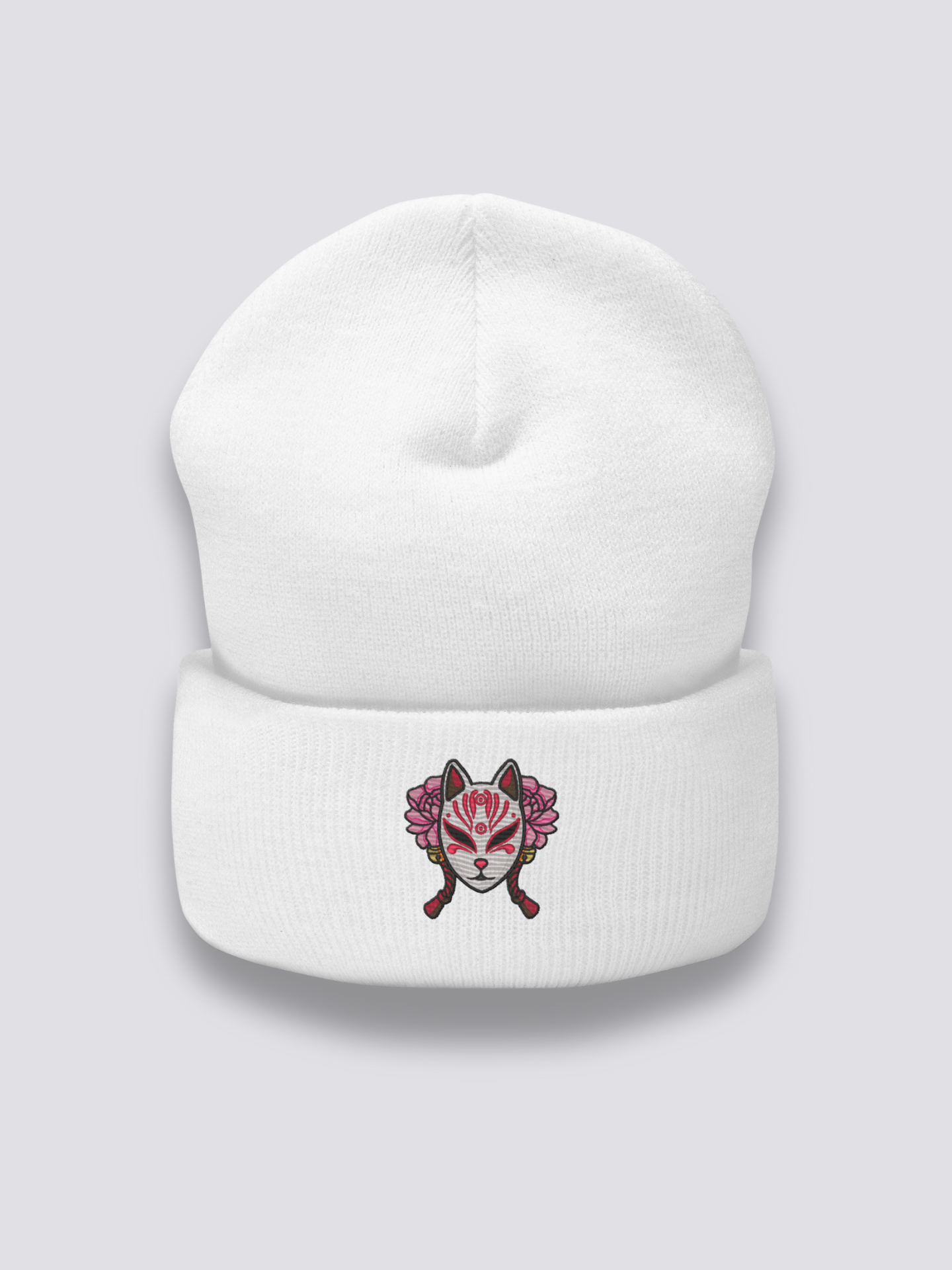 Bonnet japonais à un masque de renard kitsune brodé, coloris blanc - Japanstreet