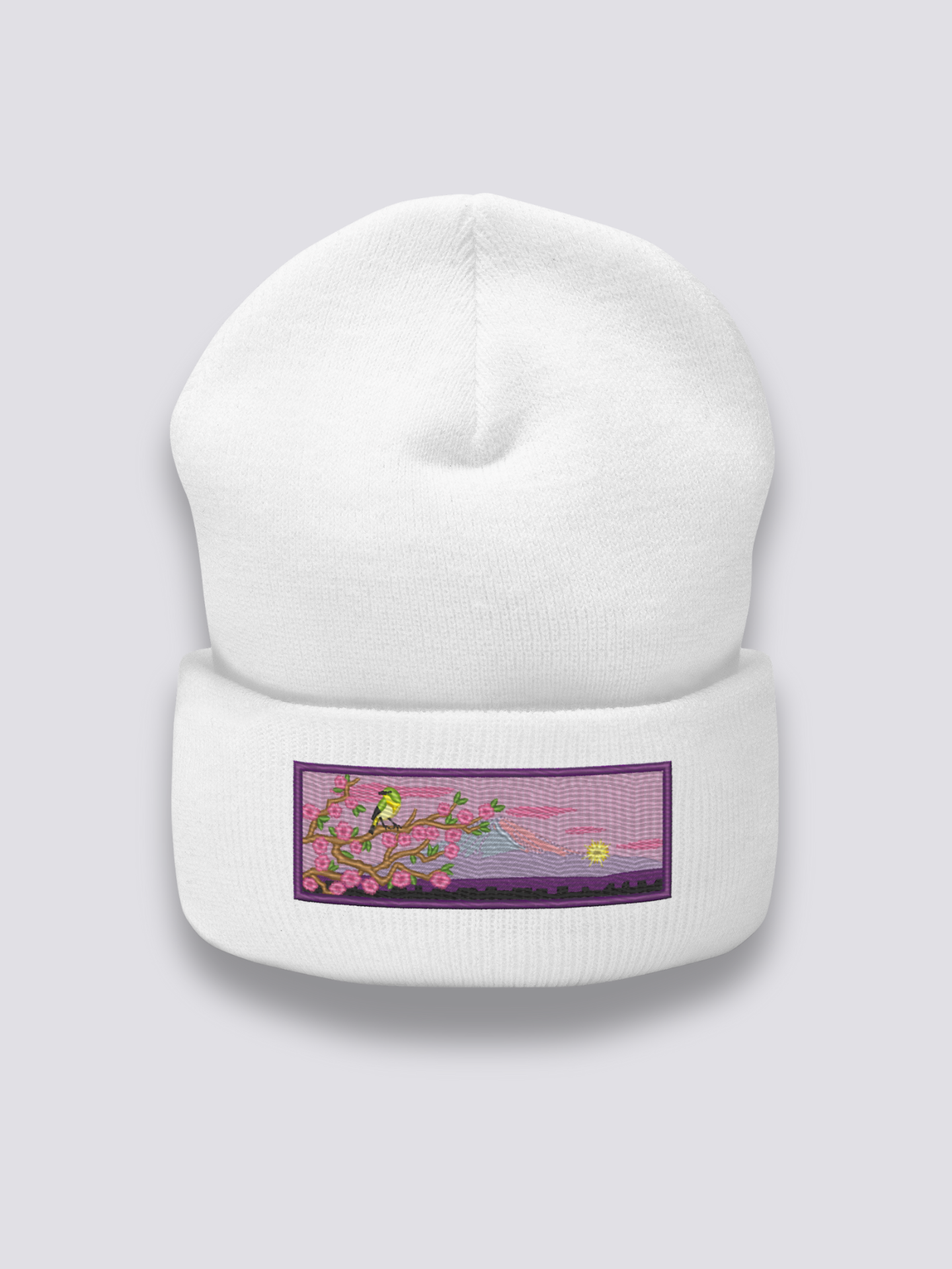 Bonnet japonais à une scène de printemps japonais brodée, coloris blanc - Japanstreet