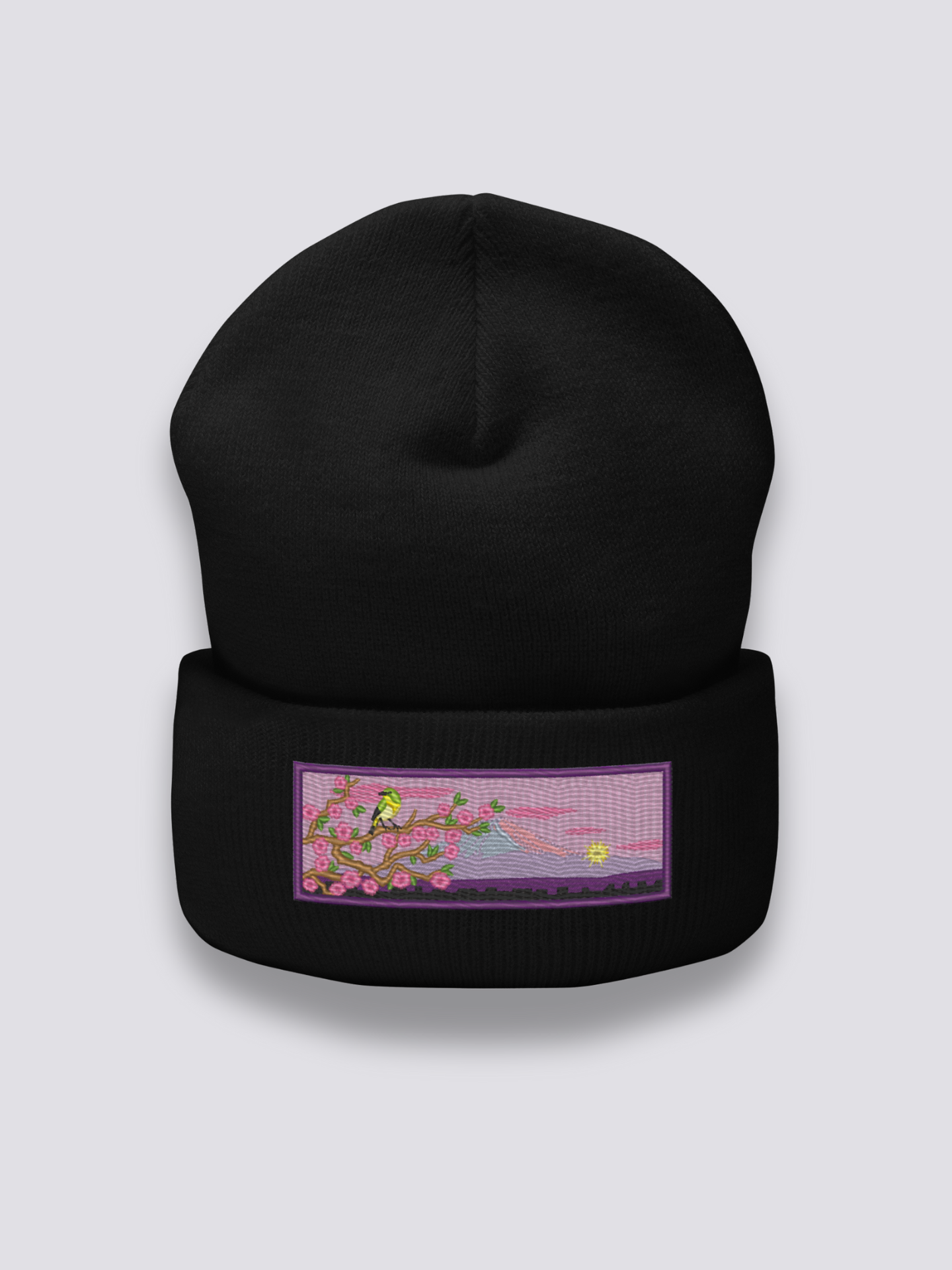 Bonnet japonais à une scène de printemps japonais brodée, coloris noir - Japanstreet