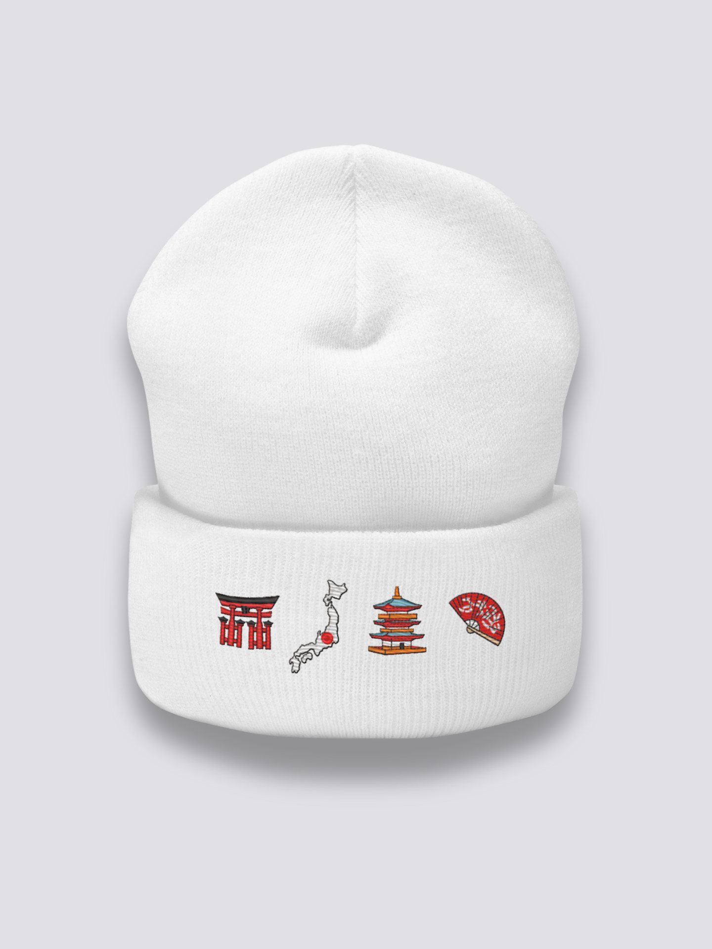 Bonnet japonais à une frise de symboles japonais brodés, porté - Japanstreet