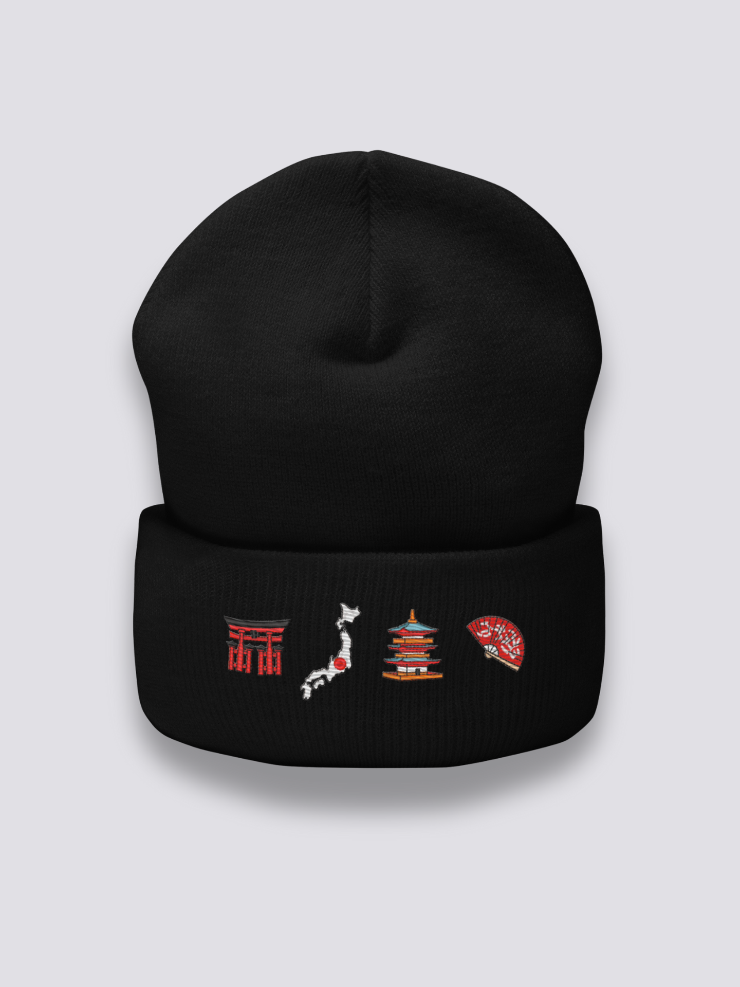 Bonnet japonais à une frise de symboles japonais brodés, coloris noir - Japanstreet