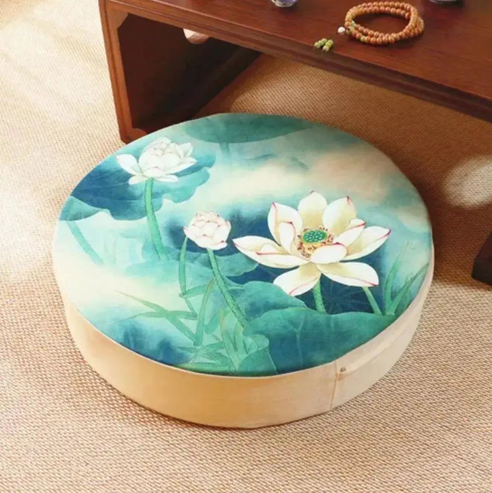 Coussin Nara rond bombé à motif sumi-e floral noir, 3 teintes de fond turquoise beige noir — vue empilée — Japanstreet