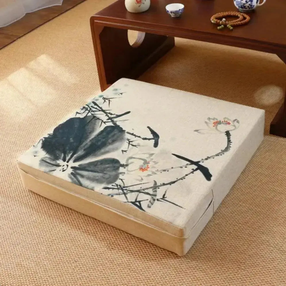 Coussin floral carré à motif fleurs japonaises stylisées en 4 couleurs turquoise noir beige gris — vue de détail textile — Ja