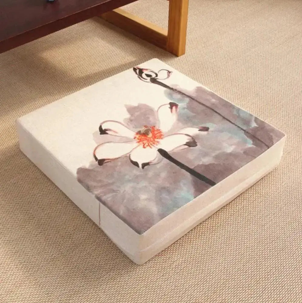 Coussin floral carré à motif fleurs japonaises stylisées en 4 couleurs turquoise noir beige gris — vue alternative — Japanstr