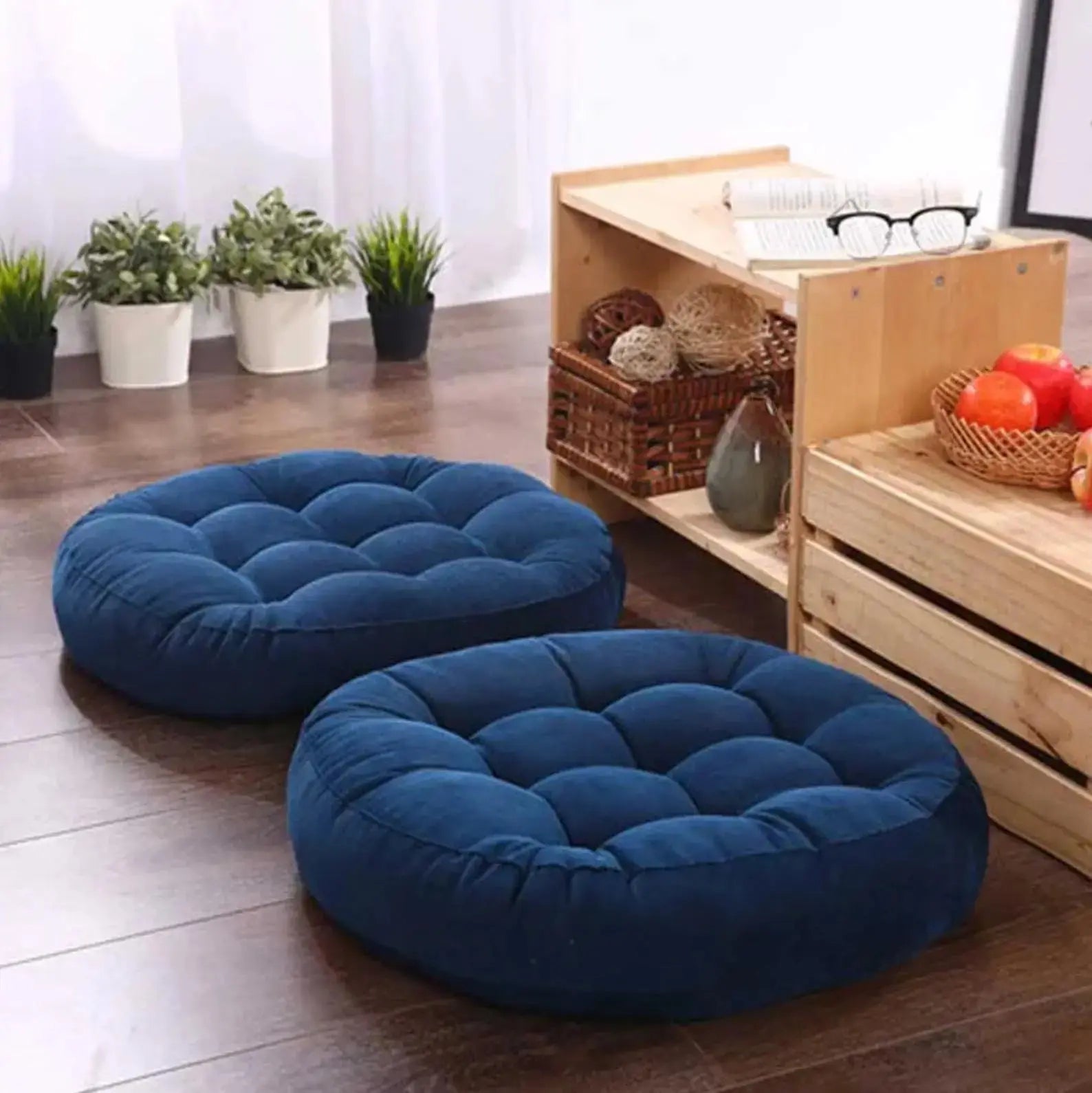 Coussin Mokuso zabuton rond bombé en coton uni en 6 couleurs navy gris jaune rouge olive rose — vue principale du produit — J