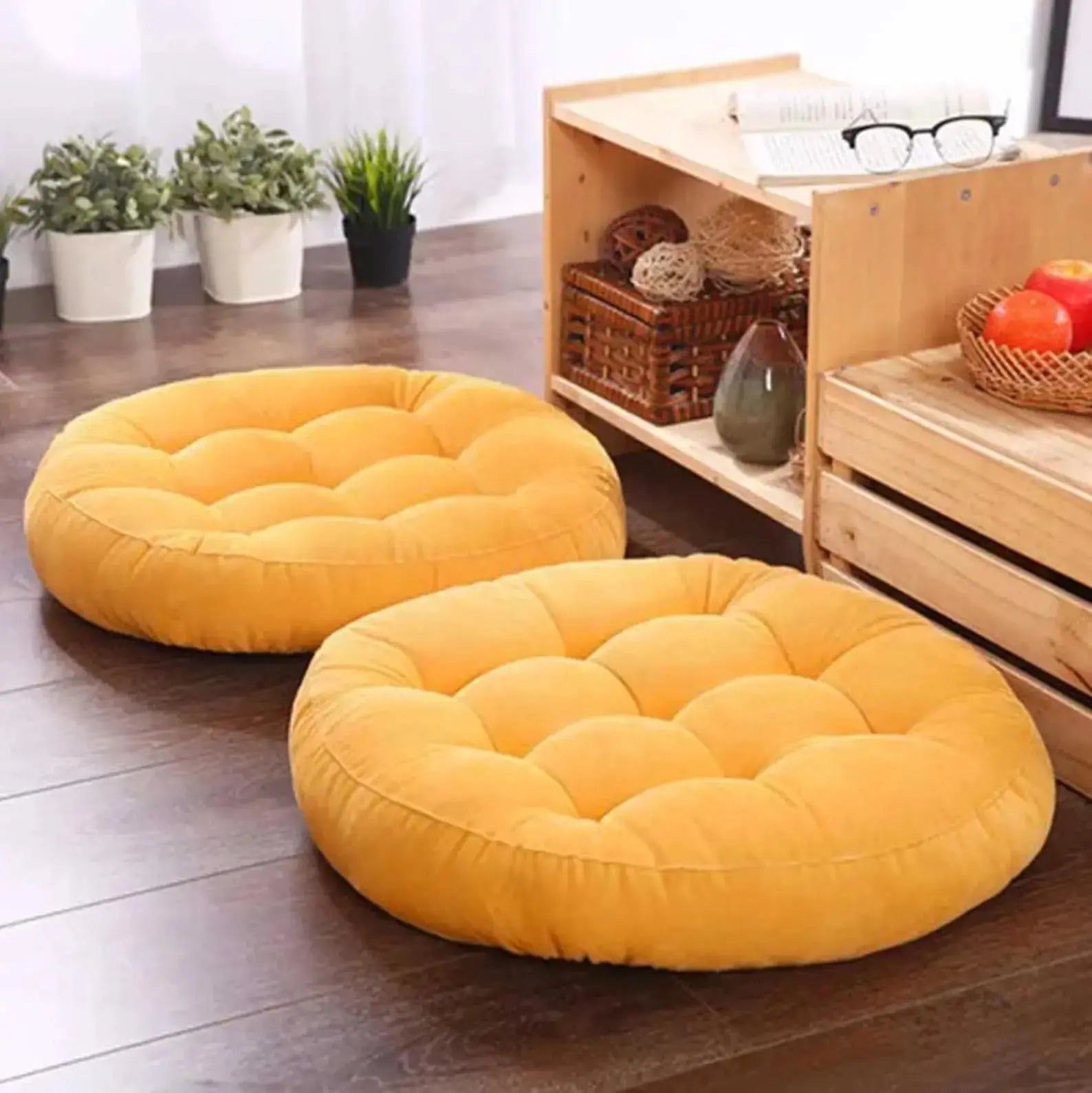 Coussin Mokuso zabuton rond bombé en coton uni en 6 couleurs navy gris jaune rouge olive rose — vue de détail textile — Japan