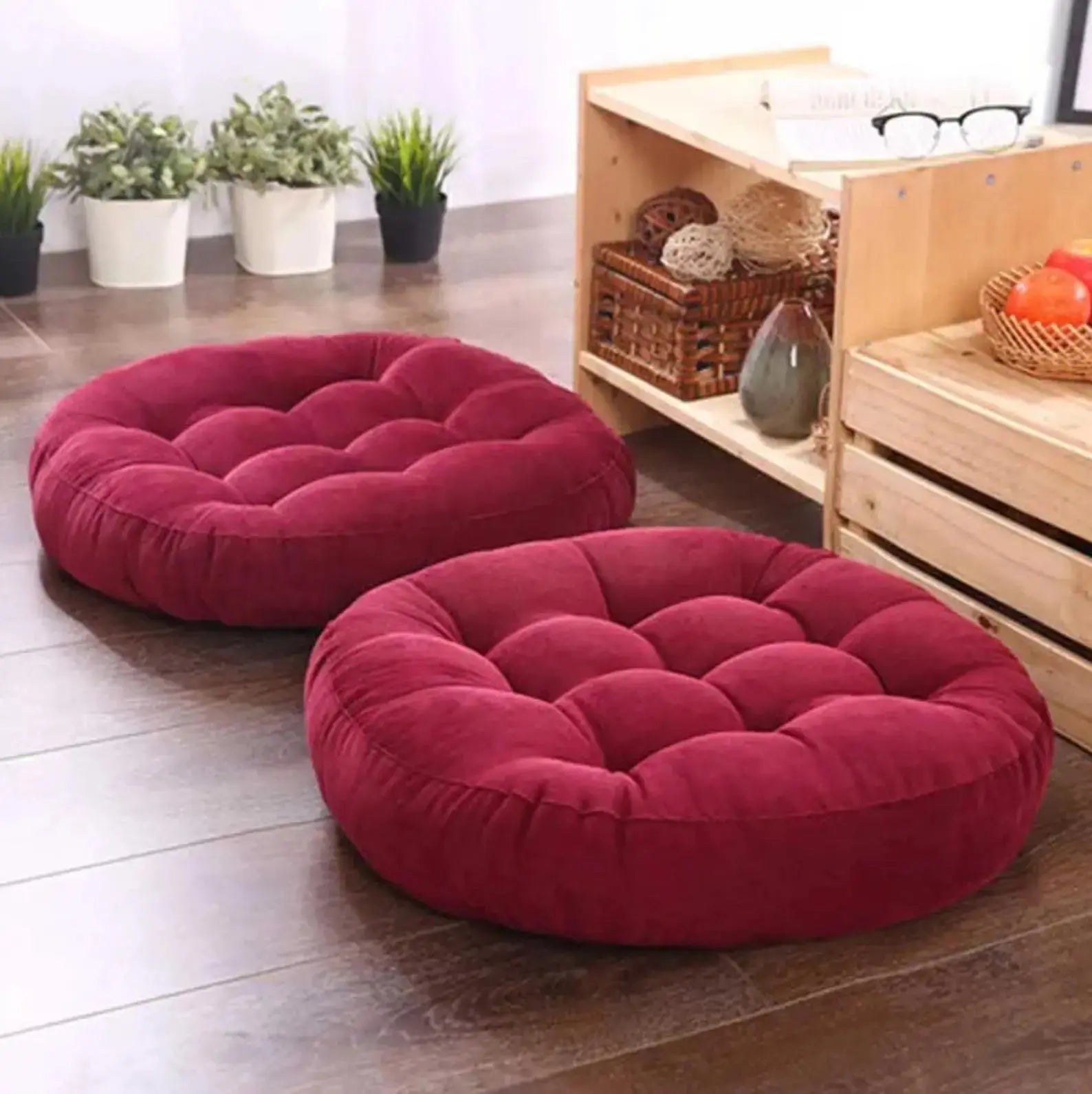Coussin Mokuso zabuton rond bombé en coton uni en 6 couleurs navy gris jaune rouge olive rose — vue de profil — Japanstreet