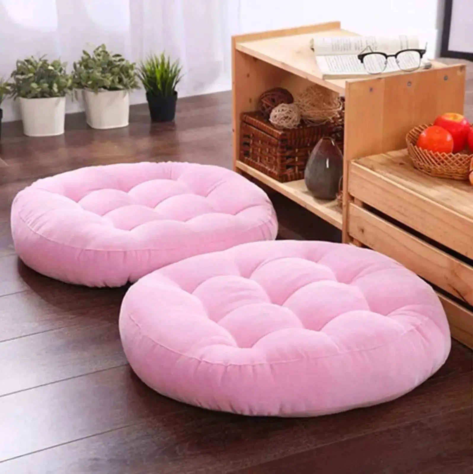 Coussin Mokuso zabuton rond bombé en coton uni en 6 couleurs navy gris jaune rouge olive rose — vue empilée — Japanstreet