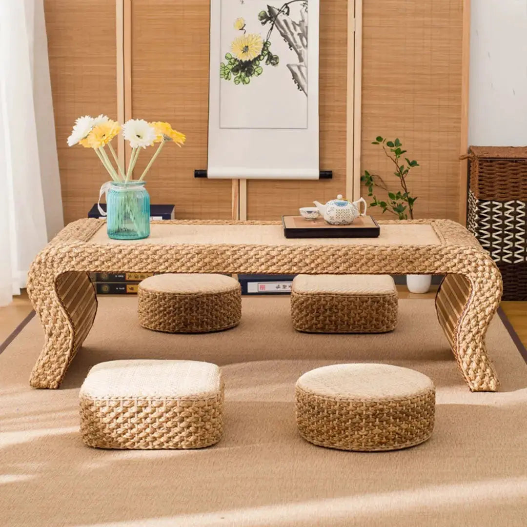 Coussin Yachi en rotin tressé naturel rond ou carré environ 40 cm matière blonde — vue principale du produit — Japanstreet