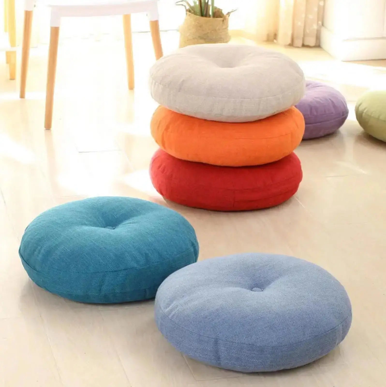 Coussin rond bombé monochrome en coton-lin uni 4 teintes turquoise beige navy marron — vue principale du produit — Japanstree
