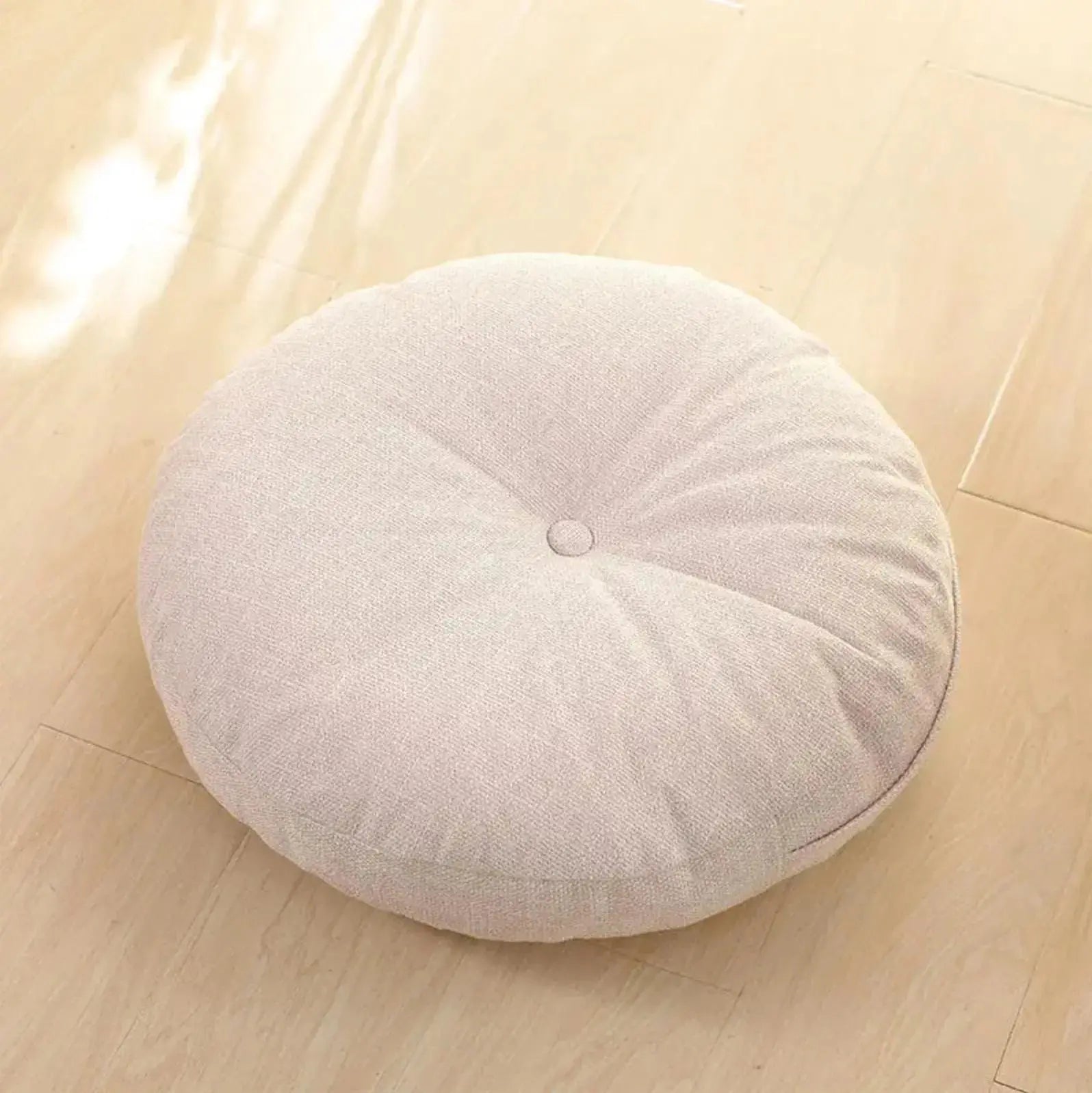 Coussin rond bombé monochrome en coton-lin uni 4 teintes turquoise beige navy marron — vue de profil — Japanstreet