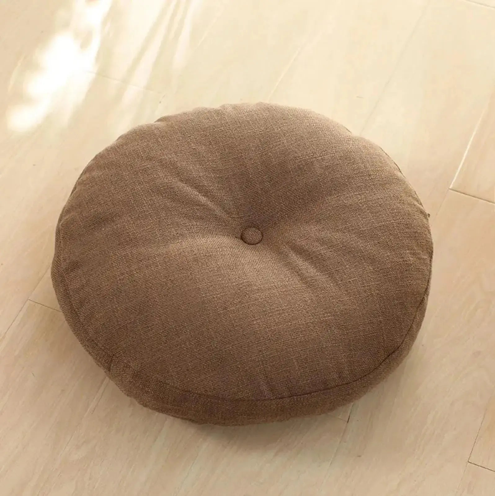 Coussin rond bombé monochrome en coton-lin uni 4 teintes turquoise beige navy marron — vue empilée — Japanstreet