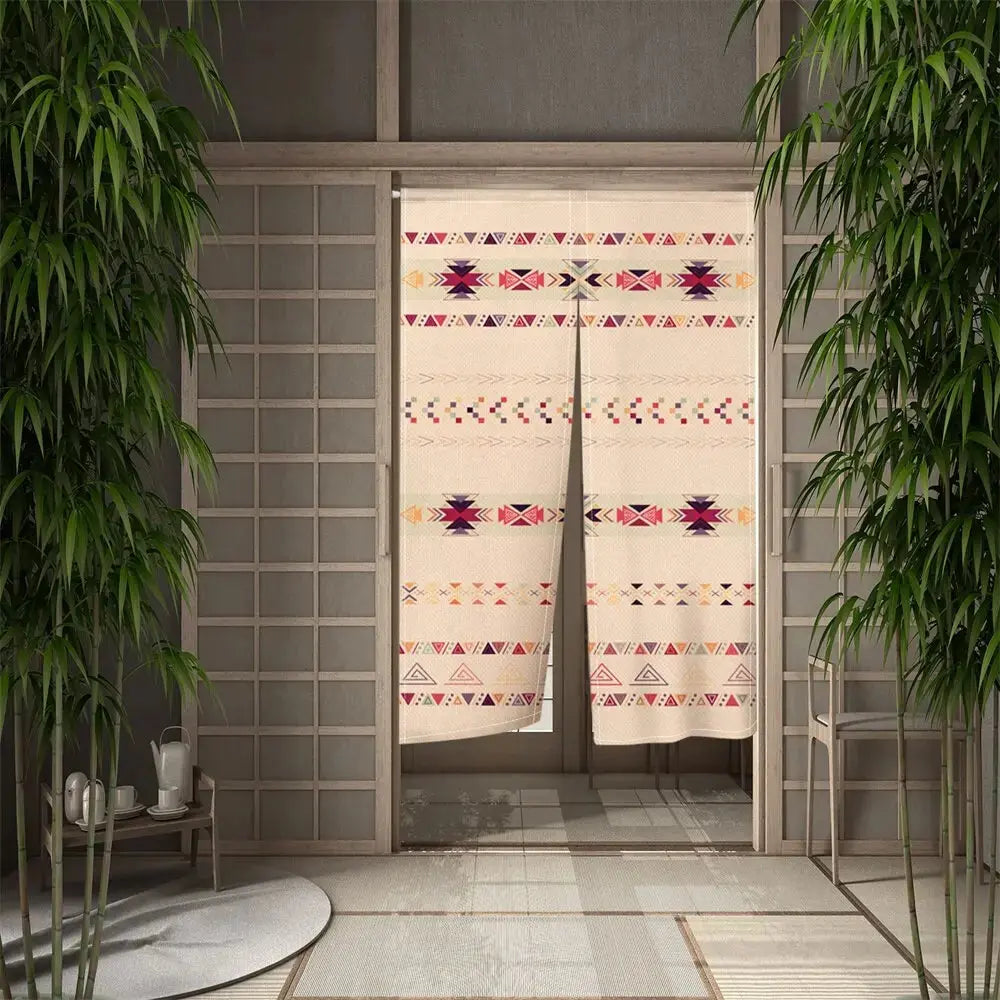 Noren japonais Hibiki à motifs sashiko paysans en frises géométriques rose et brique — vue principale tendue à plat — Japanst
