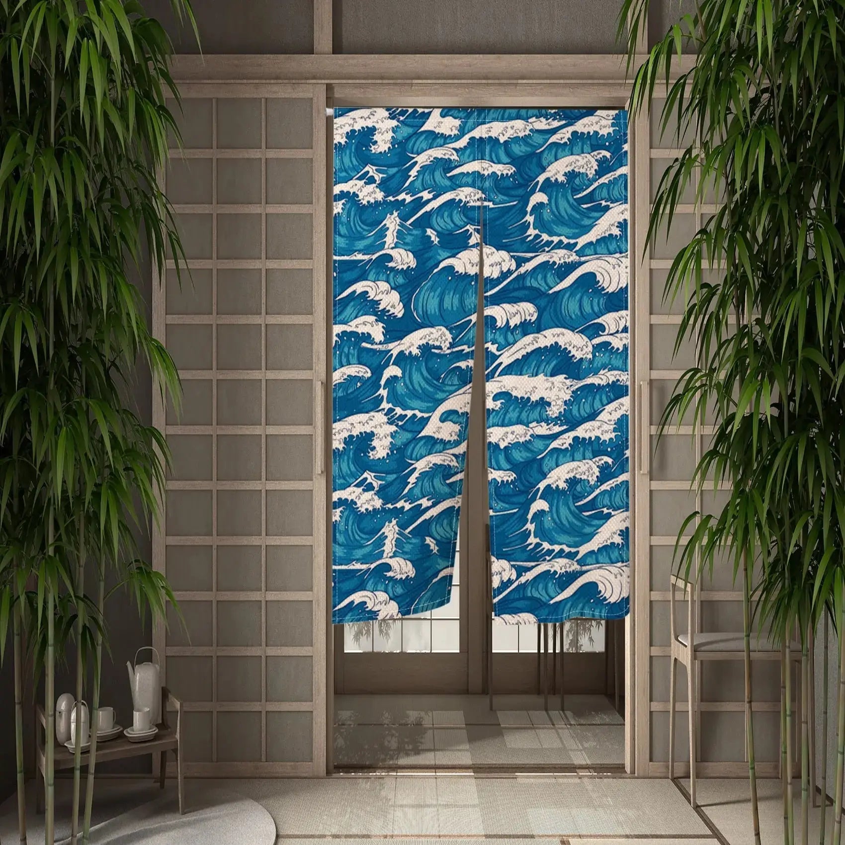 Noren japonais Hoshi à motif de mer agitée sur fond bleu indigo profond — vue principale tendue à plat — Japanstreet