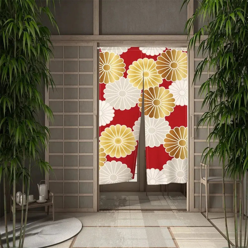 Noren japonais Kansha à chrysanthèmes blancs et dorés sur fond rouge vermillon — vue principale tendue à plat — Japanstreet