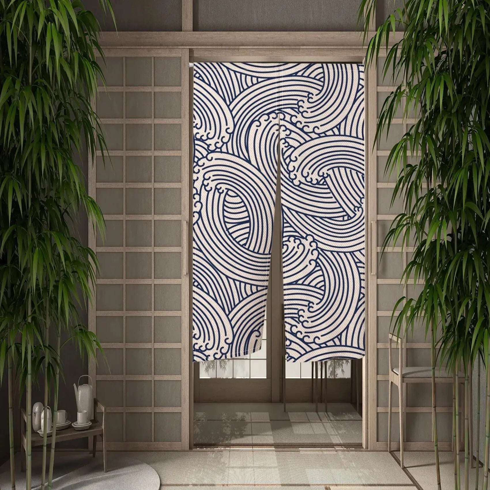 Noren japonais Kaze à grandes vagues bleu marine spiralées sur fond beige — vue principale tendue à plat — Japanstreet